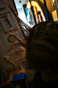 Mèches de cheveux relevées à 180 degrés lors d'une coupe énergétique à Saumur